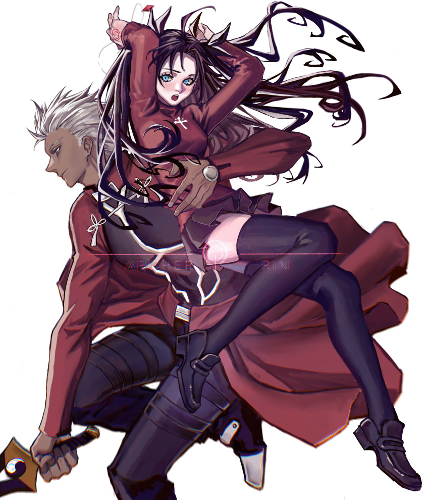 1boy 1girl :o absurdres ahoge archer_(fate) arms_up black_footwear black_legwear black_skirt blue_eyes blush character_name fate/stay_night fate_(series) highres holding holding_sword holding_weapon jacket long_hair long_sleeves red_jacket running skirt sword tattoo thigh-highs tohsaka_rin weapon white_background white_hair you_shikage