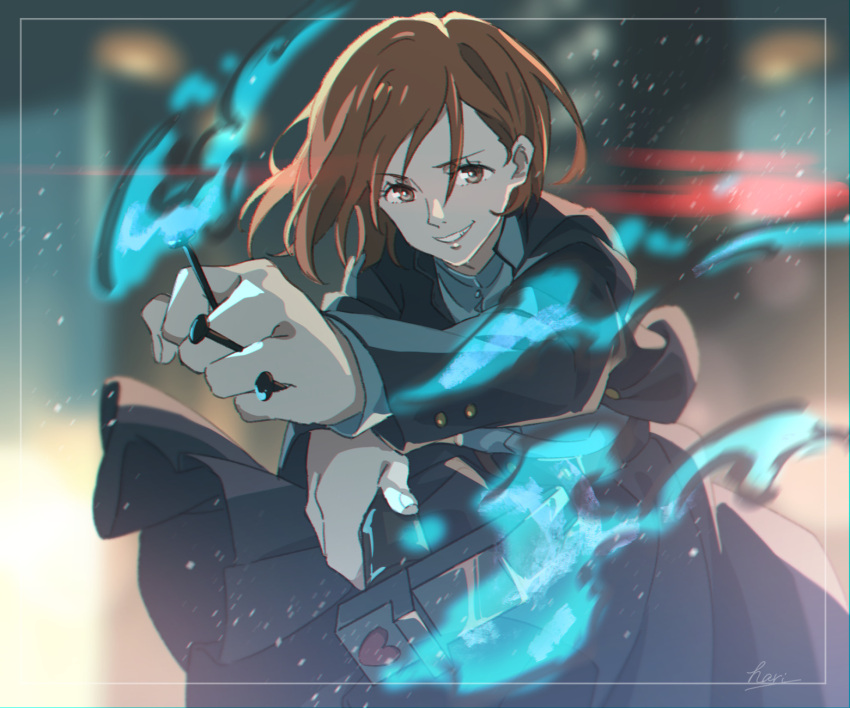 1girl brown_eyes brown_hair clothes energy eyebrows_visible_through_hair fighting_stance floating_hair hammer hari611 heart highres holding holding_hammer holding_nail holding_weapon jujutsu_kaisen kugisaki_nobara looking_at_viewer nail school_uniform short_hair smile smirk solo weapon wind wind_lift