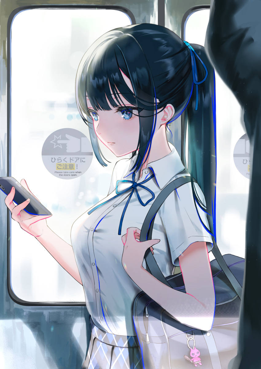 1girl absurdres bag bangs black_hair blue_eyes blue_neckwear blue_ribbon carrying cellphone cellphone_strap closed_mouth commentary day dress_shirt hair_ribbon highres holding holding_phone long_hair neck_ribbon nekoyashiki_pushio oni original phone ponytail ribbon school_bag shirt short_sleeves sidelocks smartphone solo_focus train_interior translated wing_collar