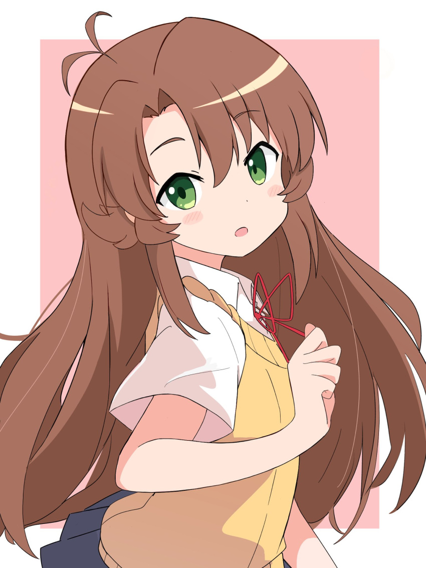 1girl :o antenna_hair asahigaoka_school_uniform bangs blush border brown_hair commentary eyebrows_visible_through_hair green_eyes highres koshigaya_komari long_hair looking_at_viewer looking_back memoi necktie non_non_biyori open_mouth pink_background red_neckwear school_uniform shirt short_sleeves sidelocks simple_background solo surprised sweater_vest undershirt upper_body white_shirt yellow_shirt