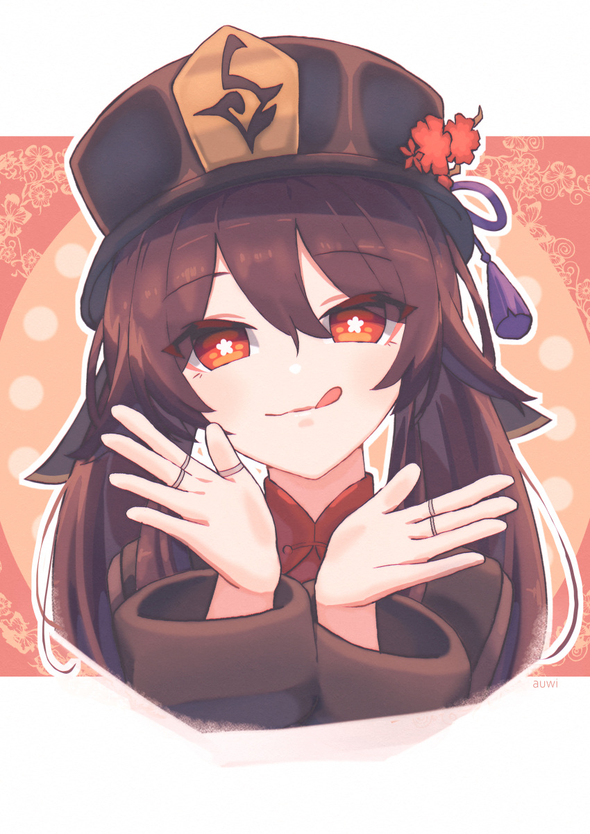 1girl absurdres auwi bangs black_headwear brown_hair chinese_clothes eyebrows_visible_through_hair flower genshin_impact hat hat_flower highres hu_tao_(genshin_impact) jewelry long_hair long_sleeves looking_at_viewer multiple_rings orange_eyes plum_blossoms ring solo tongue tongue_out twintails