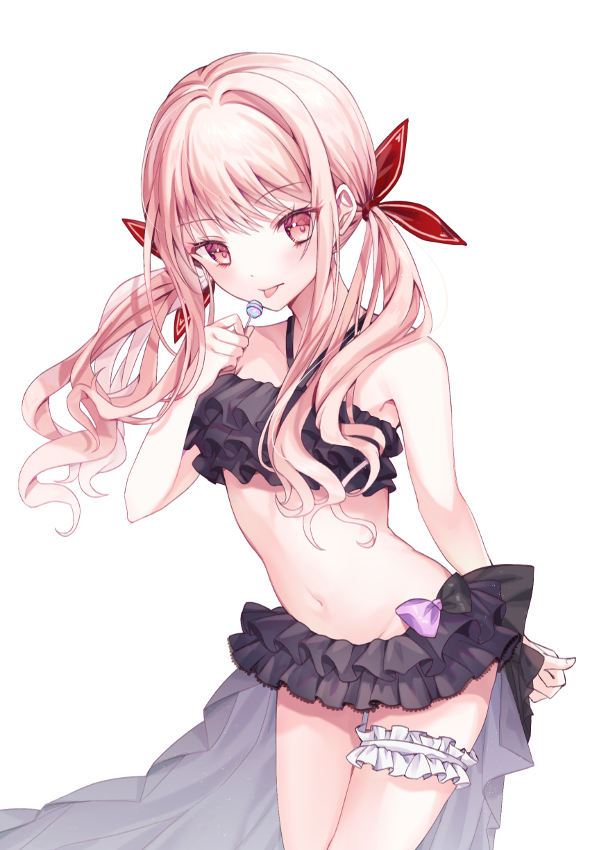 1girl absurdres akiyama_mizuki bangs bare_arms bare_shoulders bikini black_bikini blush candy commentary_request dabi_(dabibubi) eyebrows_visible_through_hair food groin hair_ribbon hand_up highres holding holding_candy holding_food holding_lollipop lollipop long_hair navel pink_hair project_sekai red_eyes red_ribbon ribbon simple_background solo swimsuit tongue tongue_out twintails white_background