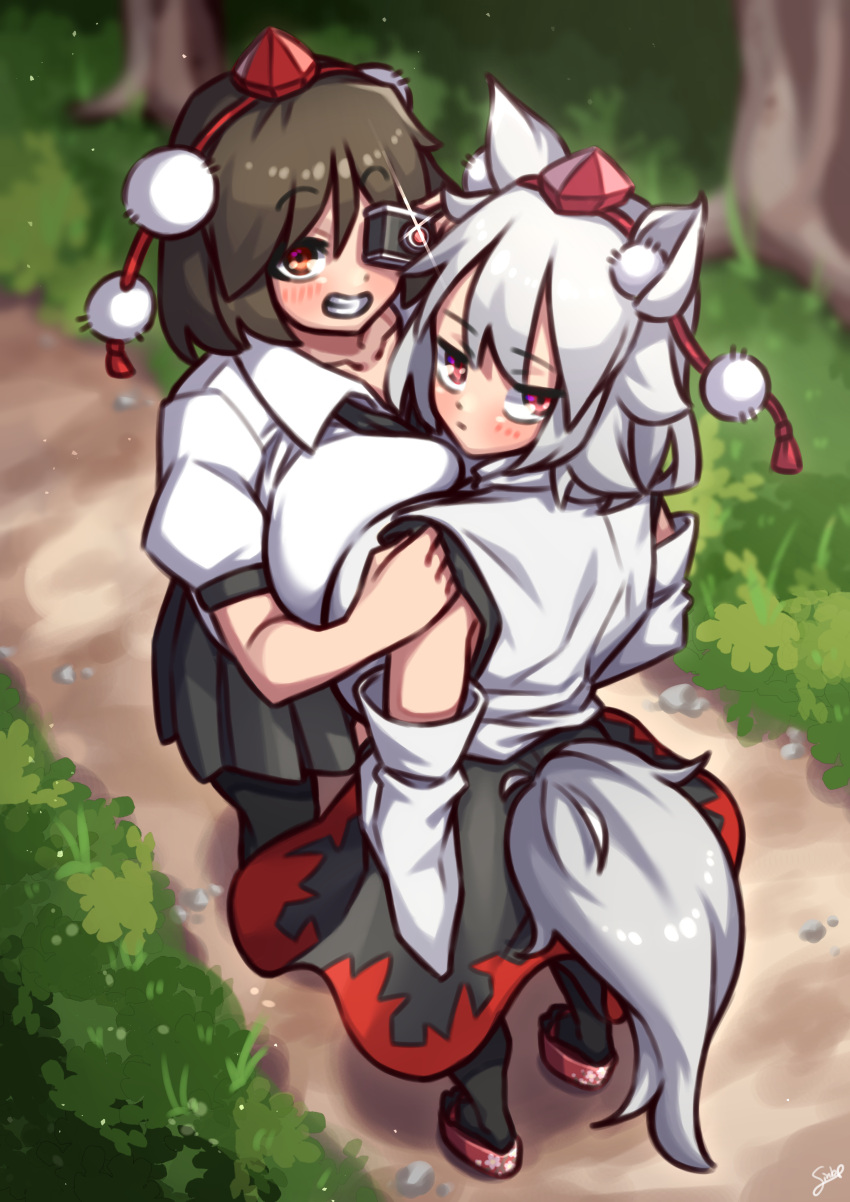 2girls absurdres animal_ears bangs black_hair black_legwear black_neckwear black_skirt blurry blurry_background breast_press breasts camera closed_mouth coffeelove68 detached_sleeves expressionless eyebrows_visible_through_hair forest grass grin hat highres holding holding_another holding_camera huge_breasts inubashiri_momiji looking_at_viewer multiple_girls nature outdoors path pleated_skirt pom_pom_(clothes) puffy_short_sleeves puffy_sleeves red_eyes red_footwear red_headwear shameimaru_aya shirt short_hair short_sleeves skirt smile symmetrical_docking tail taking_picture tokin_hat touhou tree white_hair white_shirt wide_sleeves wolf_ears wolf_tail