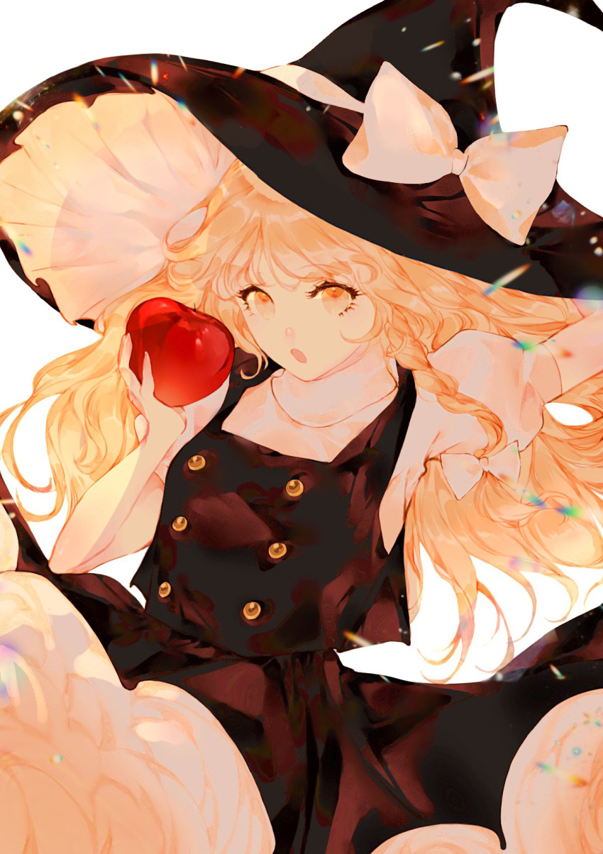 1girl :o arm_up bangs black_headwear black_skirt black_vest blonde_hair bow braid breasts buttons charu_(mmg_g99) chromatic_aberration commentary_request cowboy_shot eyebrows_visible_through_hair food fruit hair_bow hair_ribbon hand_up hat hat_bow highres holding holding_food holding_fruit kirisame_marisa lens_flare long_hair looking_at_viewer open_mouth outstretched_arm petticoat puffy_short_sleeves puffy_sleeves ribbon short_sleeves side_braid simple_background single_braid skirt small_breasts solo touhou tress_ribbon vest white_background white_bow witch_hat yellow_eyes