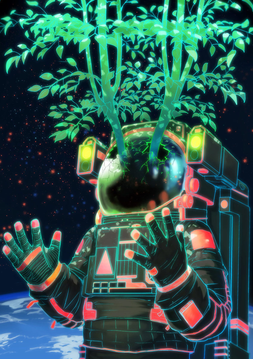 1other astronaut broken broken_glass clouds crack cracked_glass earth_(planet) glass glowing green_outline highres leaf open_hands original outline planet seiya_(artist) solo space space_helmet spacesuit tree