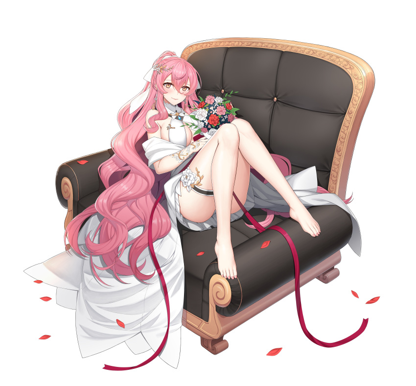 1girl absurdres ass bare_legs bare_shoulders barefoot bouquet breasts chair convenient_leg counter_side dress flower hair_ornament highres holding knees_up large_breasts long_hair looking_at_viewer official_art orange_eyes pink_hair pleated_dress ponytail sitting_sideways smile solo thigh_strap transparent_background veronica_(counter_side) very_long_hair wavy_hair wedding_dress
