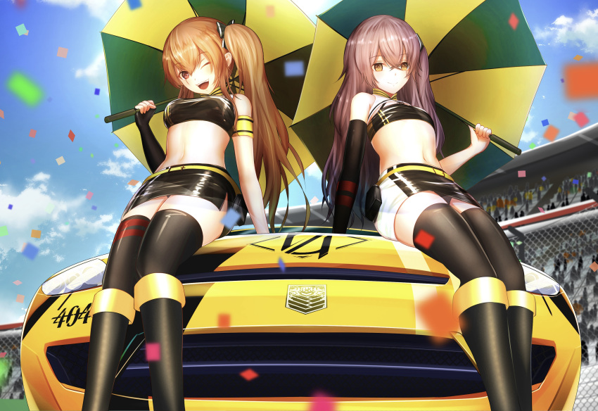 2girls absurdres black_gloves black_legwear black_tank_top breasts brown_eyes brown_hair car closed_mouth elbow_gloves eyebrows_visible_through_hair fingerless_gloves from_below girls_frontline gloves ground_vehicle guchagucha highres holding holding_umbrella long_hair looking_at_viewer medium_breasts motor_vehicle multiple_girls navel one_eye_closed open_mouth race_vehicle racequeen red_eyes scar scar_across_eye single_glove sitting small_breasts smile tank_top thigh-highs twintails umbrella ump45_(girls_frontline) ump9_(girls_frontline)