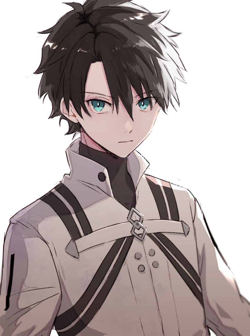1boy alternate_costume aqua_eyes bangs black_hair black_shirt buttons chaldea_logo closed_mouth commentary_request eyebrows_visible_through_hair fate/grand_order fate_(series) fujimaru_ritsuka_(male) hair_between_eyes highres jacket long_sleeves looking_at_viewer male_focus nio_(eo_zatu) official_alternate_costume serious shirt short_hair simple_background solo upper_body white_background white_jacket