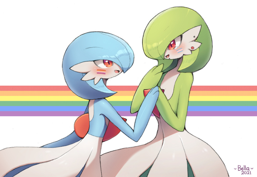 2girls alternate_color artist_name bangs bellavoirr blue_hair blue_skin blush bob_cut colored_skin commentary dated ear_piercing earrings english_commentary eye_contact facepaint flat_chest from_side gardevoir gen_3_pokemon green_hair green_skin hair_over_one_eye hand_to_own_mouth hand_up hands_up happy heart highres holding_hands jewelry lesbian_flag lip_piercing looking_at_another multicolored multicolored_skin multiple_girls open_mouth piercing pokemon pokemon_(creature) rainbow_background red_eyes shiny shiny_hair shiny_pokemon shiny_skin short_hair signature simple_background smile standing stud_earrings tears transgender_flag two-tone_skin white_background white_skin