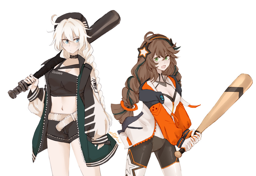 2girls arknights bangs baseball_bat belt beret black_choker black_headwear black_shorts blue_eyes braid breasts brown_hair camisole character_name choker clothes_writing cloud_ya commentary cosplay costume_switch cowboy_shot crop_top cuora_(arknights) cuora_(arknights)_(cosplay) green_eyes hair_between_eyes hair_intakes hairband hat highres honkai_(series) honkai_impact_3rd jacket kiana_kaslana kiana_kaslana_(cosplay) leggings long_hair looking_at_another midriff multiple_girls navel open_clothes open_jacket raglan_sleeves short_shorts shorts silver_hair simple_background small_breasts standing star_(symbol) stomach thighs very_long_hair white_background white_belt