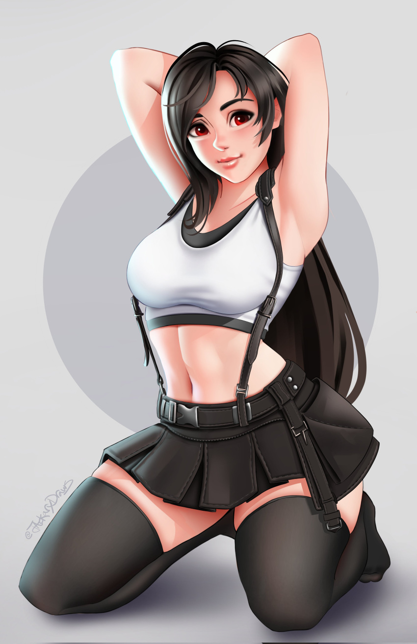 1girl absurdres armpits arms_behind_head arms_up artist_name bare_arms belt belt_buckle black_hair black_skirt breasts buckle crop_top final_fantasy final_fantasy_vii full_body grey_background highres jackary kneeling leggings lips long_hair looking_at_viewer medium_breasts midriff miniskirt navel no_shoes red_eyes simple_background skirt smile solo stomach strap suspender_skirt suspenders tank_top thigh-highs thighs tifa_lockhart white_tank_top