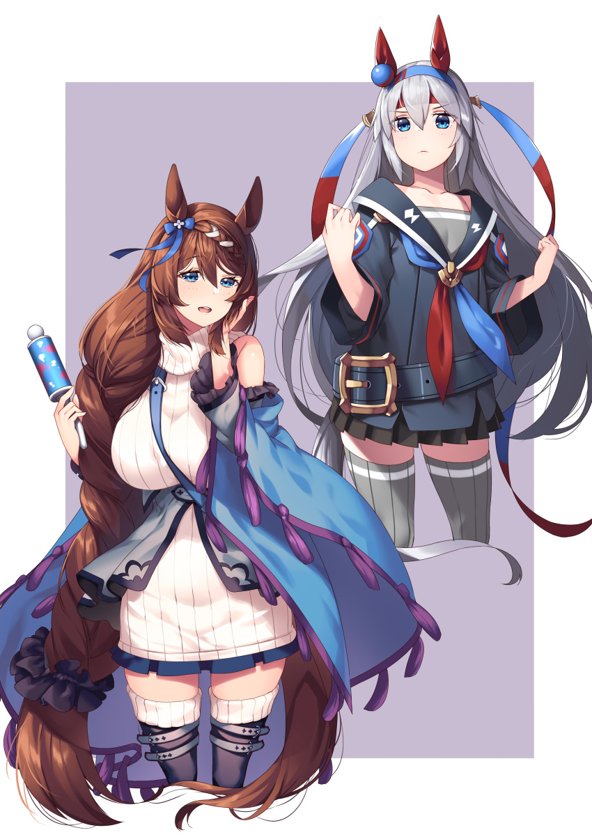 2girls absurdres between_breasts blue_bow blue_eyes blue_hairband bow braid braided_ponytail breasts cowboy_shot ear_bow ear_covers ear_ornament ear_ribbon grey_legwear hair_between_eyes hairband headband hiememiko highres horse_girl long_hair looking_at_viewer multiple_girls pleated_skirt rattle red_headband ribbed_legwear sailor_collar sailor_shirt shirt silver_hair skirt sleeveless_sweater strap_between_breasts super_creek_(umamusume) sweater tamamo_cross_(umamusume) thigh-highs umamusume white_sweater