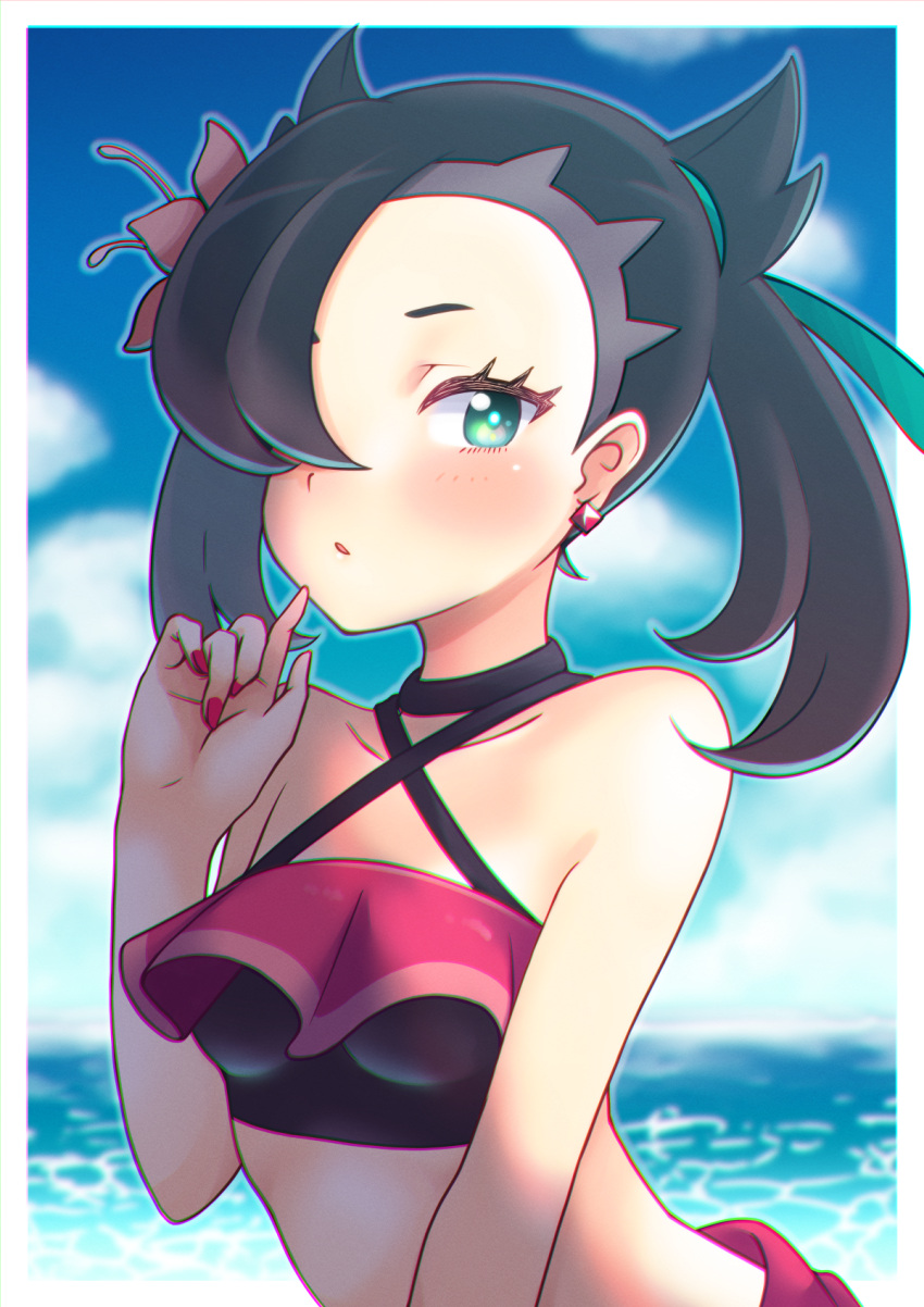 1girl asymmetrical_bangs bangs bikini black_hair breasts earrings green_eyes green_ribbon hair_ornament hair_over_one_eye hair_ribbon hairclip hand_up highres hiva+ jewelry looking_at_viewer marnie_(pokemon) medium_hair ocean pink_nails pokemon pokemon_(game) pokemon_masters_ex ribbon shadow small_breasts solo sunlight swimsuit twintails two_side_up upper_body water