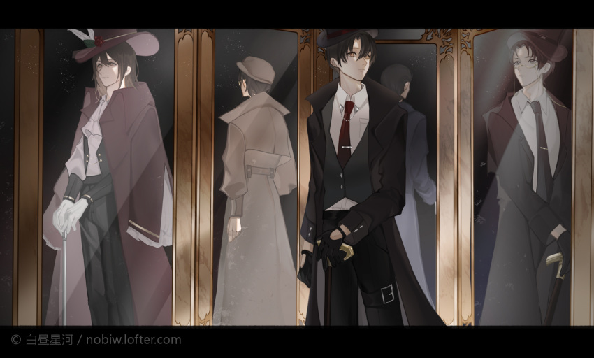 5boys black_gloves black_hair brown_coat brown_eyes brown_hair brown_headwear cane coat copyright ears glasses gloves hat highres klein_moretti long_hair looking_to_the_side lord_of_the_mysteries mirror mirror_image multiple_boys necktie nobiw red_neckwear reflection shirt short_hair white_shirt