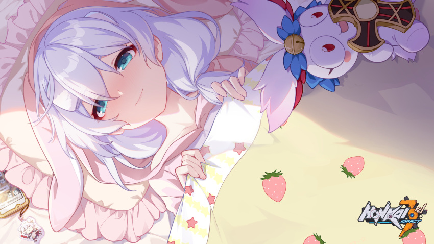 1girl absurdres artist_request bangs bed bed_sheet blue_eyes cellphone closed_mouth doll from_above hair_between_eyes highres homei_(honkai_impact) honkai_(series) honkai_impact_3rd looking_at_viewer official_art pajamas phone pillow shadow sick side_ponytail smile solo theresa_apocalypse towel towel_on_head white_hair