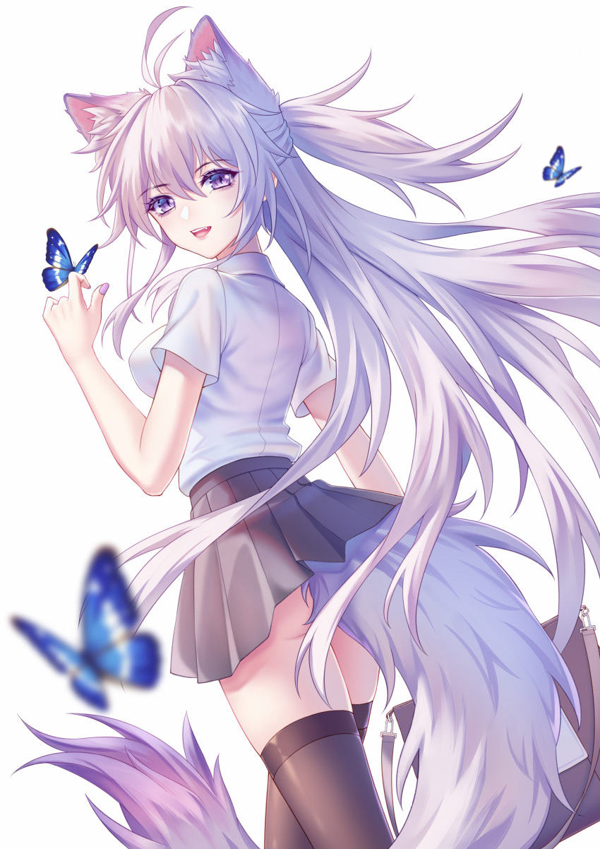 1girl absurdres animal_ear_fluff animal_ears antenna_hair bangs black_legwear black_skirt breasts bug butterfly extra_ears eyebrows_visible_through_hair fox_ears fox_girl fox_tail grey_hair hair_between_eyes highres insect kirby_d_a looking_at_viewer miniskirt open_mouth original shirt short_sleeves simple_background skirt smile solo tail thigh-highs white_hair