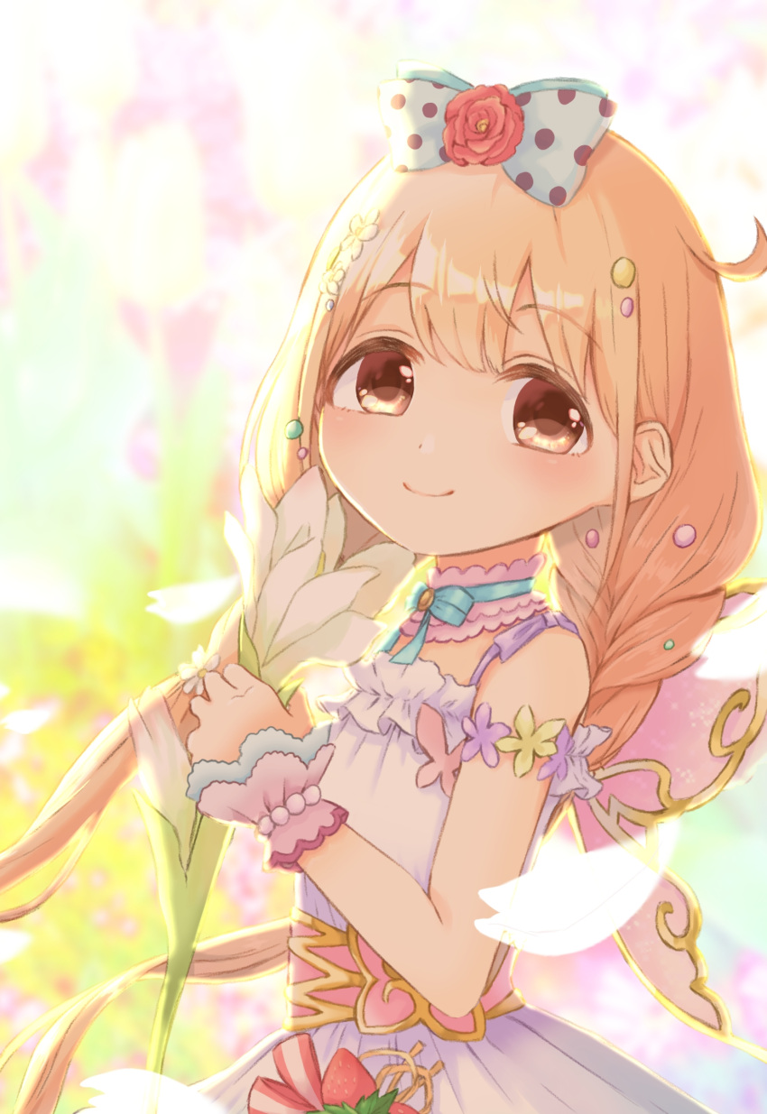 1girl bangs blonde_hair blush bow cowlick dress english_commentary eyebrows_visible_through_hair flower futaba_anzu hair_bow highres holding holding_flower idolmaster idolmaster_cinderella_girls idolmaster_cinderella_girls_starlight_stage kuwaefuru long_hair looking_at_viewer smile solo white_bow white_dress