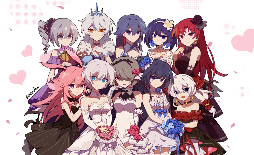 6+girls :d absurdres alternate_eye_color animal_ears bangs bare_shoulders black_dress black_gloves black_hair black_headwear blue_eyes blue_flower blue_rose bouquet bride bronya_zaychik brown_hair closed_mouth crown dress drill_hair earrings elbow_gloves flower fox_ears fu_hua gloves grey_eyes grey_hair hair_between_eyes hair_flower hair_ornament hat heart highres honkai_(series) honkai_impact_3rd jewelry kallen_kaslana kiana_kaslana kiana_kaslana_(herrscher_of_the_void) long_hair looking_at_viewer meadow_(morphinecaca) multiple_girls murata_himeko open_mouth pink_flower pink_hair pink_rose purple_dress raiden_mei raiden_mei_(lightning_empress) red_dress red_eyes red_flower red_rose redhead rita_rossweisse rose seele_vollerei short_hair side_ponytail simple_background single_glove smile theresa_apocalypse violet_eyes wedding_dress white_background white_dress white_gloves white_hair yae_sakura yellow_eyes