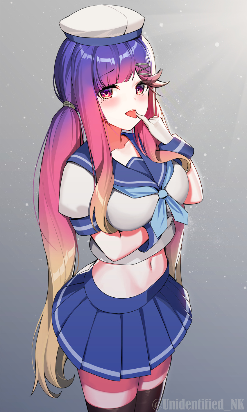 1girl alternate_breast_size black_legwear blue_neckwear blue_skirt blush breasts commentary_request eyebrows_visible_through_hair gloves gradient_hair grey_background hair_ornament hat highres kantai_collection large_breasts long_hair looking_at_viewer midriff multicolored_hair navel neckerchief older open_mouth pleated_skirt purple_hair revision sailor_collar sailor_hat school_uniform serafuku shirt short_sleeves sidelocks skirt smile solo thigh-highs tsushima_(kancolle) twintails unidentified_nk very_long_hair white_gloves white_headwear white_shirt