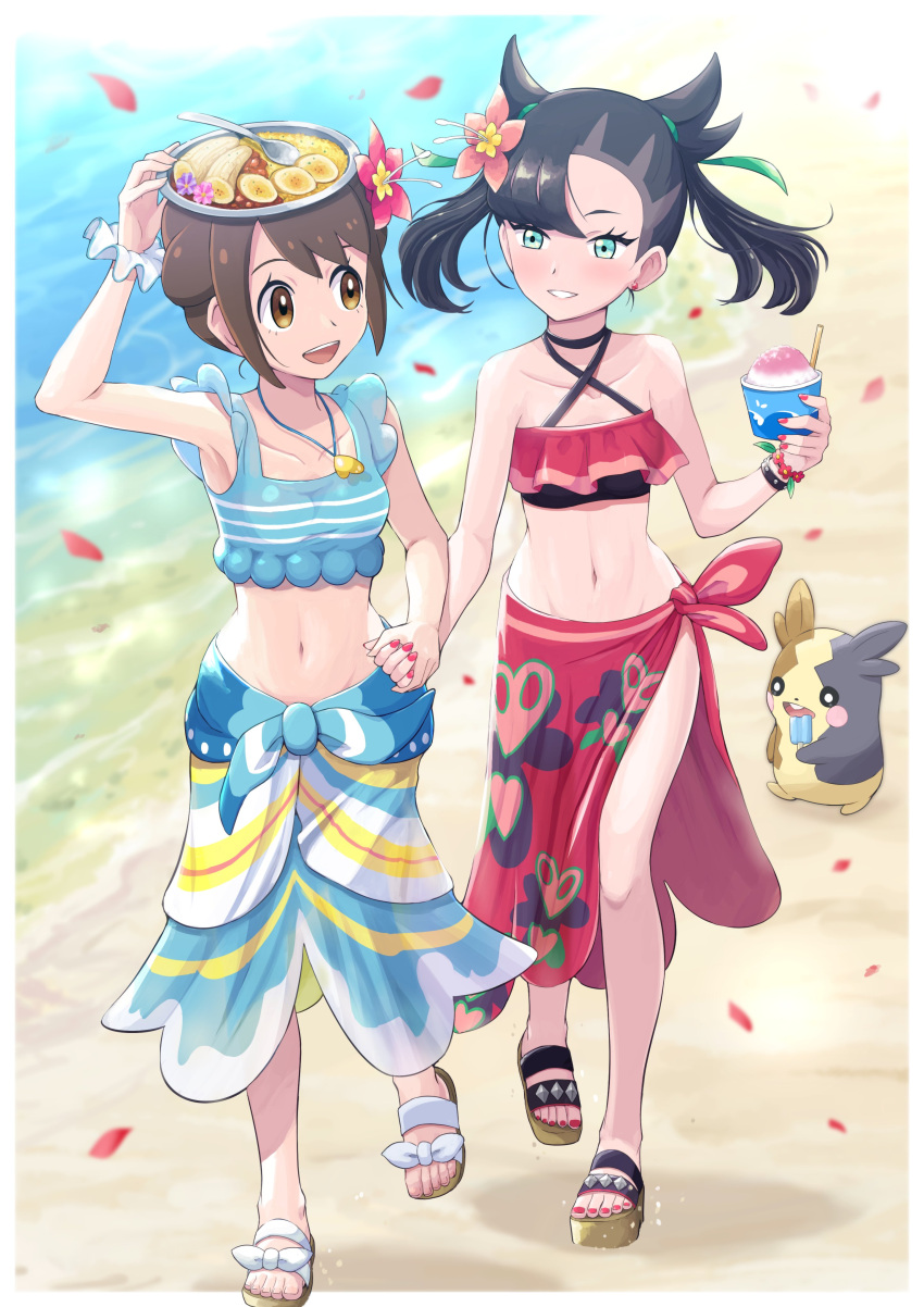 2girls absurdres armpits asymmetrical_bangs banana bangs beach bikini black_hair bracelet breasts brown_eyes brown_hair choker collarbone couple cup curry curry_rice drinking_straw earrings eating eyelashes floating_hair flower flower_bracelet food food_on_head fruit gen_8_pokemon gloria_(pokemon) green_eyes green_ribbon hair_flower hair_ornament hair_ribbon hand_on_head hibiscus highres holding holding_cup holding_hands jewelry legs looking_at_another marnie_(pokemon) medium_hair morpeko morpeko_(full) multiple_girls navel object_on_head open_mouth pendant petals pink_nails plate pokemoa pokemon pokemon_(creature) pokemon_(game) pokemon_masters_ex popsicle ribbon rice sand sandals sarong scrunchie shaved_ice short_hair side_slit small_breasts smile spoon stomach swimsuit teeth walking water wrist_scrunchie yuri