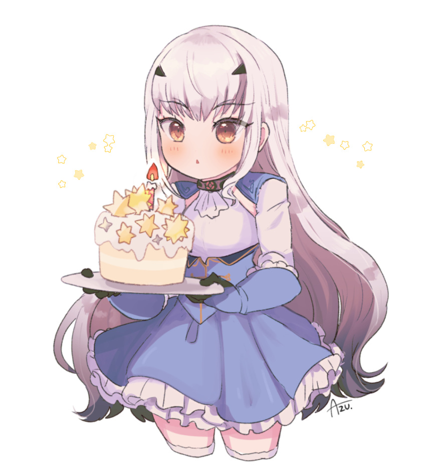 1girl artist_name azu_(kirara310) blue_dress blush cake cowboy_shot detached_sleeves dress eyebrows_visible_through_hair fate/grand_order fate_(series) food frills gloves highres holding holding_food lancelot_(fairy_knight)_(fate) long_hair sidelocks solo white_background white_hair yellow_eyes