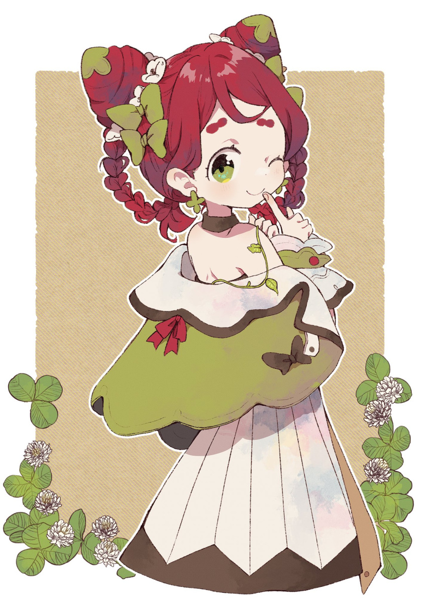 1girl braid choker closed_mouth double_bun earrings flower green_eyes hair_ornament highres jewelry leaf long_sleeves looking_at_viewer no1shyv off_shoulder one_eye_closed original redhead solo
