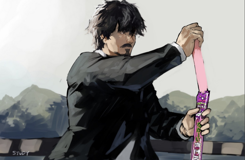 1boy black_hair black_suit candy collared_shirt facial_hair food formal goatee highres holding holding_candy holding_food long_long_man male_focus sakeru_gummy shirt solo suit upper_body yourfreakyneighbourh