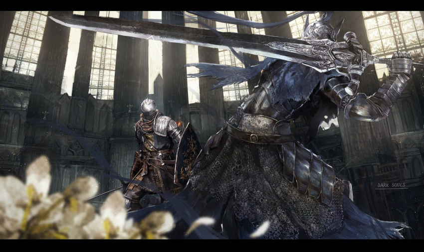 1boy 1other ambiguous_gender armor artorias_the_abysswalker black_border blurry blurry_foreground border brown_gloves brown_scarf chosen_undead copyright_name dark_souls_i facing_away faulds fighting_stance flower full_armor gloves greatsword helm helmet highres holding holding_shield holding_sword holding_weapon knight letterboxed mono_(jdaj) over_shoulder pauldrons plume scarf shield shoulder_armor single_pauldron souls_(series) sword weapon weapon_over_shoulder white_flower