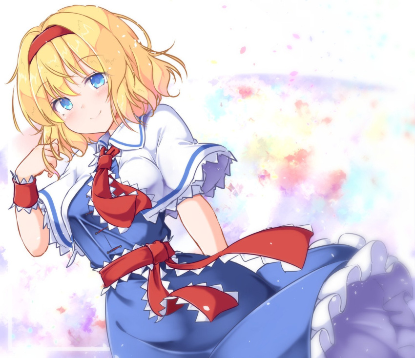 1girl aka_tawashi alice_margatroid bangs blonde_hair blue_dress blue_eyes breasts capelet closed_mouth dress dutch_angle eyebrows_visible_through_hair frilled_dress frills hairband highres looking_at_viewer medium_breasts multicolored multicolored_background red_hairband red_neckwear short_hair smile solo touhou white_capelet wrist_cuffs