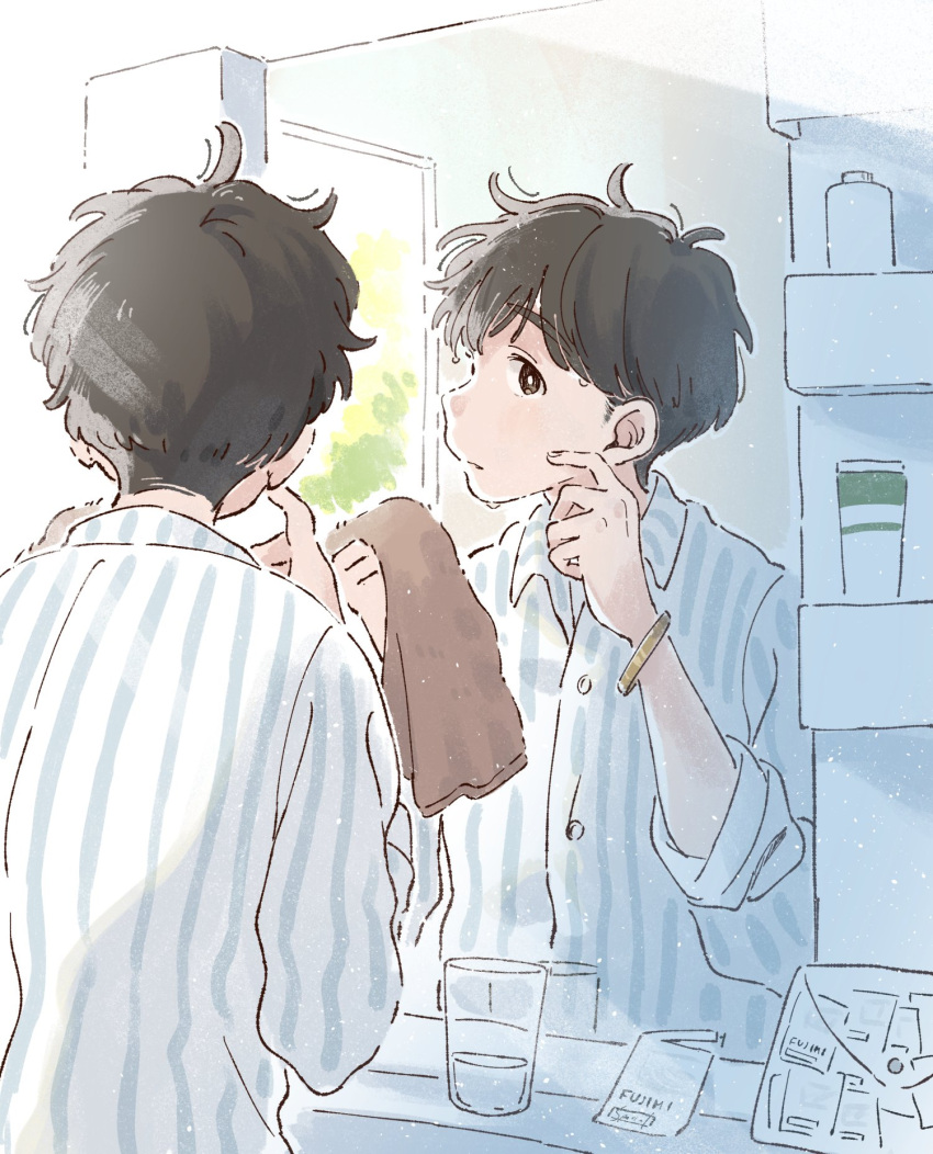 1boy ad bathroom black_eyes black_hair bottle bracelet commentary glass hand_on_own_face highres holding holding_towel jewelry kana_(okitasougo222) looking_at_mirror male_focus messy_hair mirror original pajamas product_placement short_hair sink solo striped striped_pajamas towel