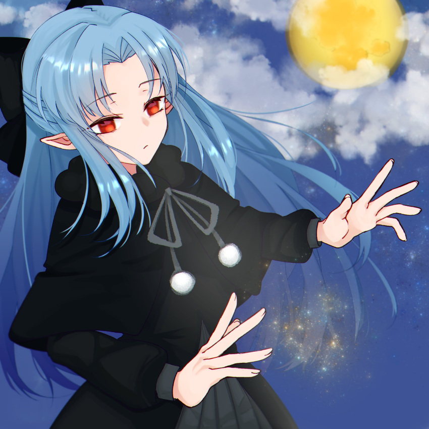 1girl bangs black_bow black_dress blue_hair bow chronica_(chr0nica) closed_mouth cowboy_shot dress eyebrows_visible_through_hair full_moon hair_bow highres len_(tsukihime) long_hair long_sleeves moon neck_ribbon night outdoors pointy_ears pom_pom_(clothes) red_eyes ribbon solo standing tsukihime yellow_moon