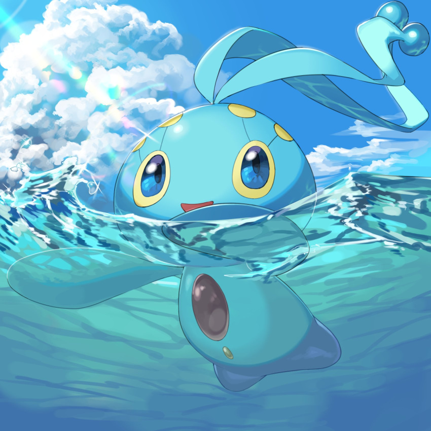 :d blue_eyes clouds commentary_request day gen_4_pokemon highres looking_up manaphy mian_(3zandora) mythical_pokemon no_humans open_mouth outdoors partially_underwater_shot pokemon pokemon_(creature) sky smile solo tongue water