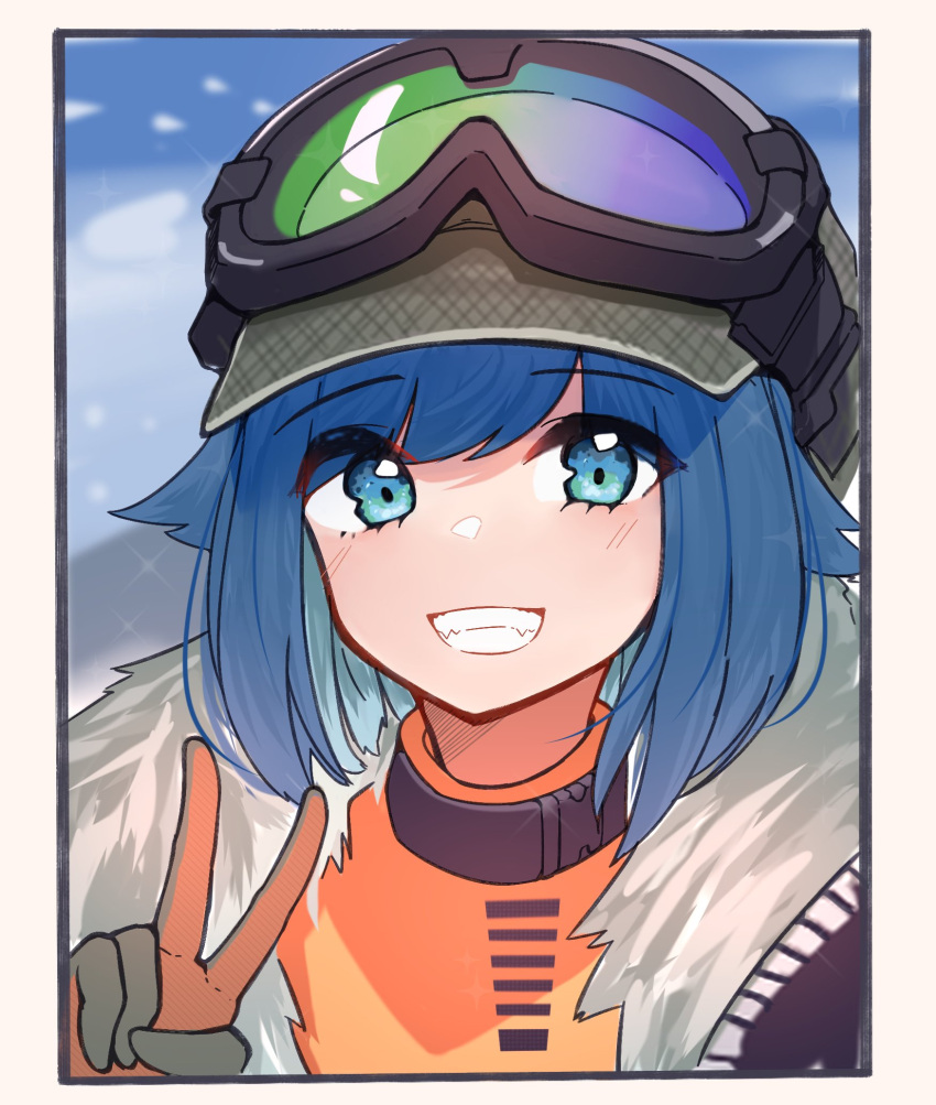 1girl bangs beige_border blue_eyes coat eyebrows_visible_through_hair eyes_visible_through_hair fur-trimmed_coat fur_trim gloves goggles goggles_on_head grin highres looking_at_viewer nuggetkouhai orange_gloves orange_shirt original shirt short_hair smile snowing solo symbol_commentary upper_body v