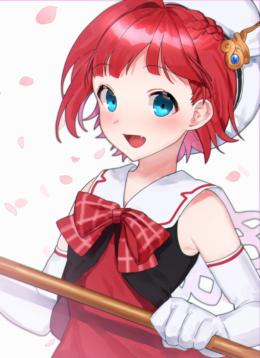 1girl absurdres asahina_akane_(nijisanji) bangs beret blue_eyes bow elbow_gloves eyebrows_visible_through_hair fang flat_chest gloves hat highres holding holding_staff looking_at_viewer nijisanji open_mouth red_bow redhead sailor_collar short_hair smile so_nagi_(artist) solo staff white_gloves white_headwear