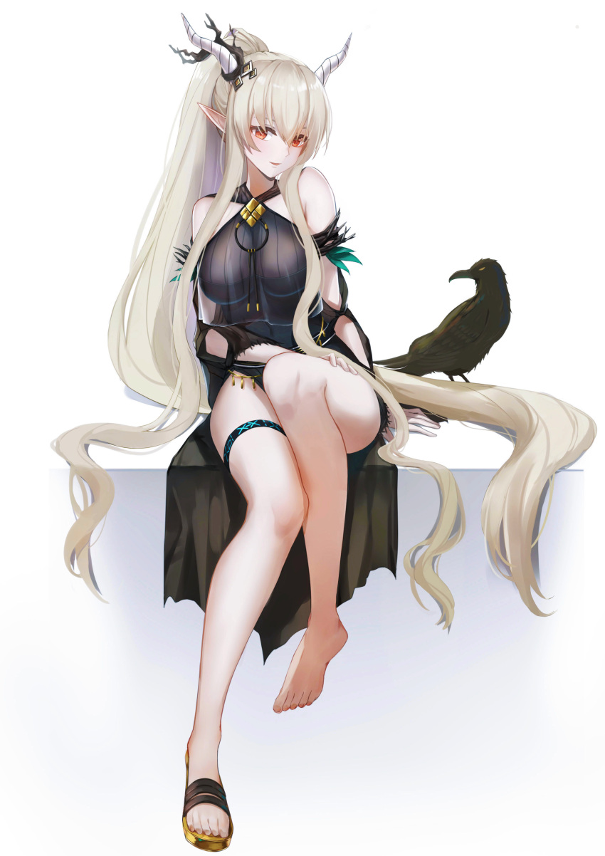 1girl absurdly_long_hair absurdres arknights bangs bare_legs bare_shoulders bird black_swimsuit breasts commentary hair_between_eyes highres horns infection_monitor_(arknights) koi0806 large_breasts long_hair looking_at_viewer one-piece_swimsuit orange_eyes parted_lips pointy_ears shining_(arknights) shining_(silent_night)_(arknights) shoes silver_hair simple_background single_shoe smile solo swimsuit thigh_strap thighs very_long_hair white_background