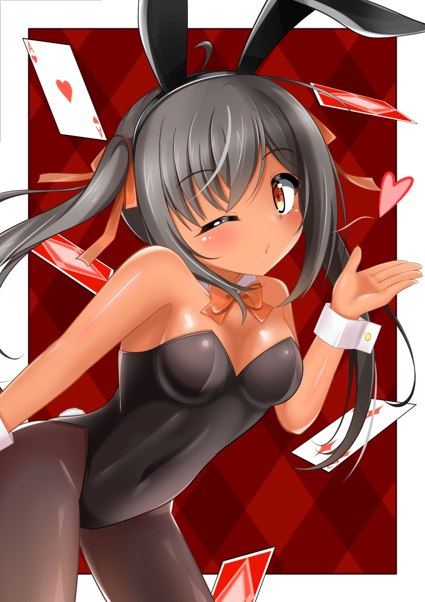 1girl ace_of_hearts animal_ears black_hair black_legwear black_leotard blowing_kiss bow bowtie breasts bunny_tail card commentary_request cowboy_shot dark-skinned_female dark_skin detached_collar highres leaning_forward leotard look-alike looking_at_viewer orange_eyes orange_neckwear original pantyhose peraplus0112 playboy_bunny playing_card rabbit_ears small_breasts solo strapless strapless_leotard tail tan twintails wrist_cuffs
