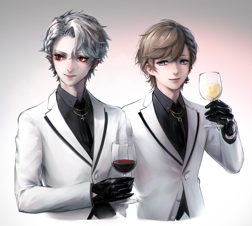 2boys absurdres alcohol betnawr black_gloves black_neckwear blue_eyes brown_hair chronoir cup drinking_glass formal gloves gradient gradient_background grey_hair highres holding holding_cup kanae_(nijisanji) kuzuha_(nijisanji) mole mole_under_eye multiple_boys necktie nijisanji pale_skin red_eyes short_hair simple_background suit upper_body vest virtual_youtuber white_suit wine wine_glass