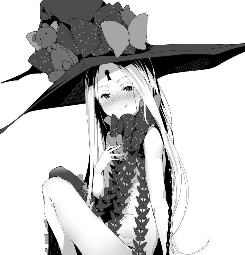1girl abigail_williams_(fate) absurdres bangs bare_shoulders blush bow breasts fate/grand_order fate_(series) forehead greyscale hair_bow hat highres keyhole knees_up long_hair looking_at_viewer monochrome multiple_bows navel parted_bangs polka_dot polka_dot_bow single_thighhigh sitting small_breasts smile solo stuffed_animal stuffed_toy teddy_bear thigh-highs thighs uno_ryoku witch_hat