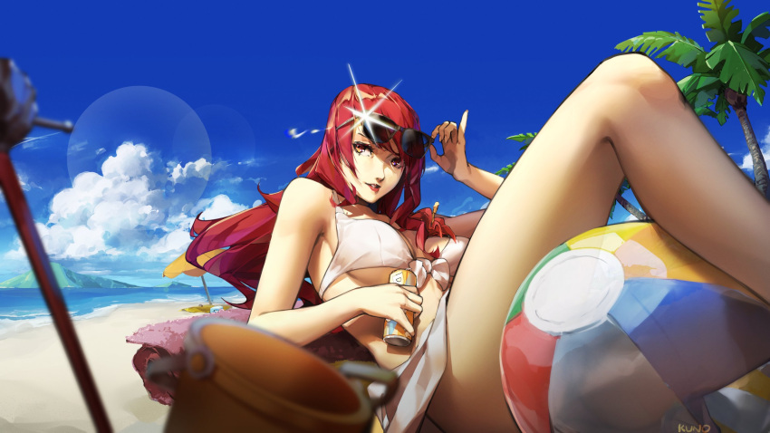 ball bangs beach beachball breasts brown_eyes bucket can clouds english_commentary highres holding holding_can kirijou_mitsuru kuno_(runkunochan) lens_flare long_hair looking_to_the_side medium_breasts mountain palm_tree parted_lips persona persona_3 redhead sitting sky towel tree
