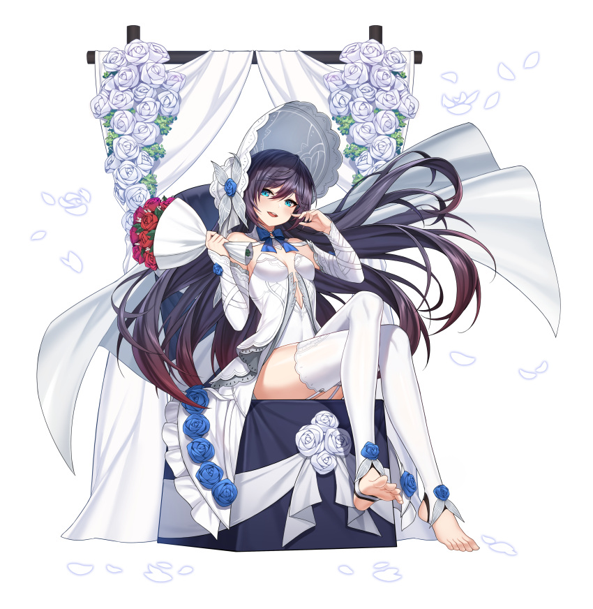 1girl absurdres bare_shoulders black_hair blue_eyes bouquet breasts counter_side crossed_legs detached_sleeves dress feet floating_hair flower garter_straps gradient_hair hands_up hat highres holding huge_filesize long_hair long_sleeves looking_at_viewer multicolored_hair official_art open_mouth rosaria_(genshin_impact) rose sitting small_breasts smile solo thigh-highs toeless_legwear toes transparent_background very_long_hair wedding_dress white_dress white_flower white_headwear white_legwear