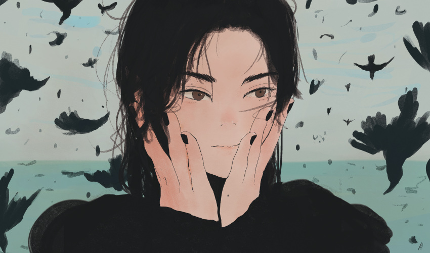 1girl absurdres akino_kogomi bird black_bird black_hair black_nails black_shirt brown_eyes closed_mouth commentary crow face grey_sky hands_on_own_face highres huge_filesize long_hair long_sleeves looking_away nail_polish ocean original shirt sleeves_past_wrists solo upper_body