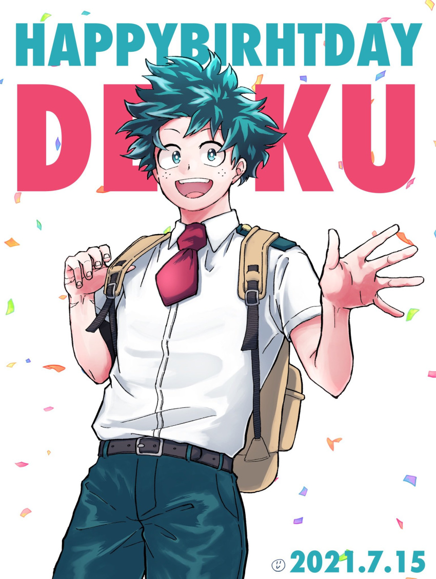 1boy backpack bag bangs belt boku_no_hero_academia brown_belt character_name collared_shirt confetti cowboy_shot dated freckles green_eyes green_hair green_pants hand_up happy_birthday highres male_focus midoriya_izuku necktie open_mouth pants red_neckwear school_uniform shirt shirt_tucked_in short_hair short_necktie short_sleeves smile solo tsudai_(tudaimha) u.a._school_uniform yellow_bag