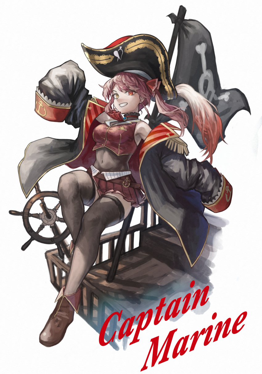 1girl absurdres anchor_symbol belt black_coat black_headwear black_legwear brown_footwear character_name coat covered_navel flag frills hat heterochromia highres hololive houshou_marine huge_filesize looking_at_viewer pirate pirate_hat red_eyes red_skirt seiya_(artist) ship's_wheel simple_background skirt skull skull_print sleeves_past_wrists smile solo stairs teeth thigh-highs twintails virtual_youtuber white_background yellow_eyes