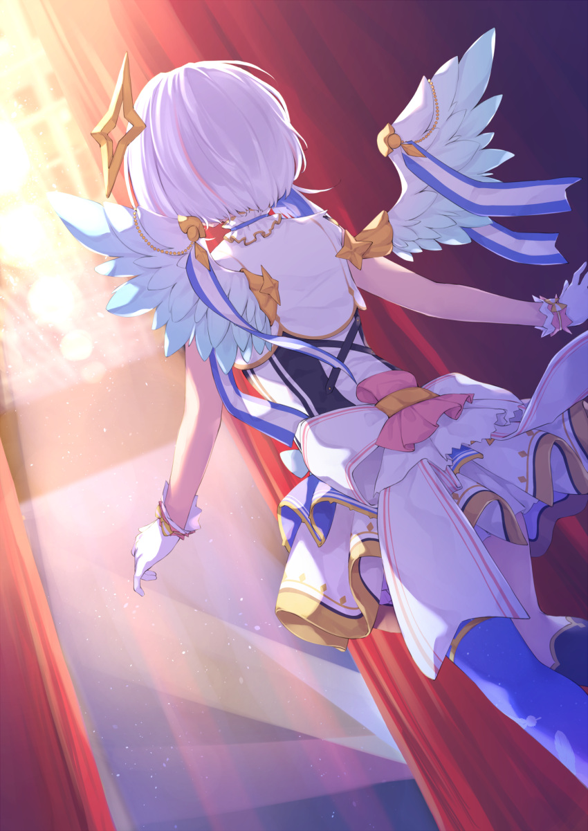 1girl alternate_costume amane_kanata angel angel_wings backstage bare_arms blue_legwear blue_wings chiyonekoko cross-laced_clothes dutch_angle facing_away feathered_wings feet_out_of_frame from_behind gloves gradient gradient_wings halo highres hololive hololive_idol_uniform idol idol_clothes miniskirt multicolored multicolored_hair multicolored_wings pink_hair short_hair silver_hair skirt sleeveless solo stage star_halo streaked_hair thigh-highs virtual_youtuber white_gloves white_wings wing_ribbon wings
