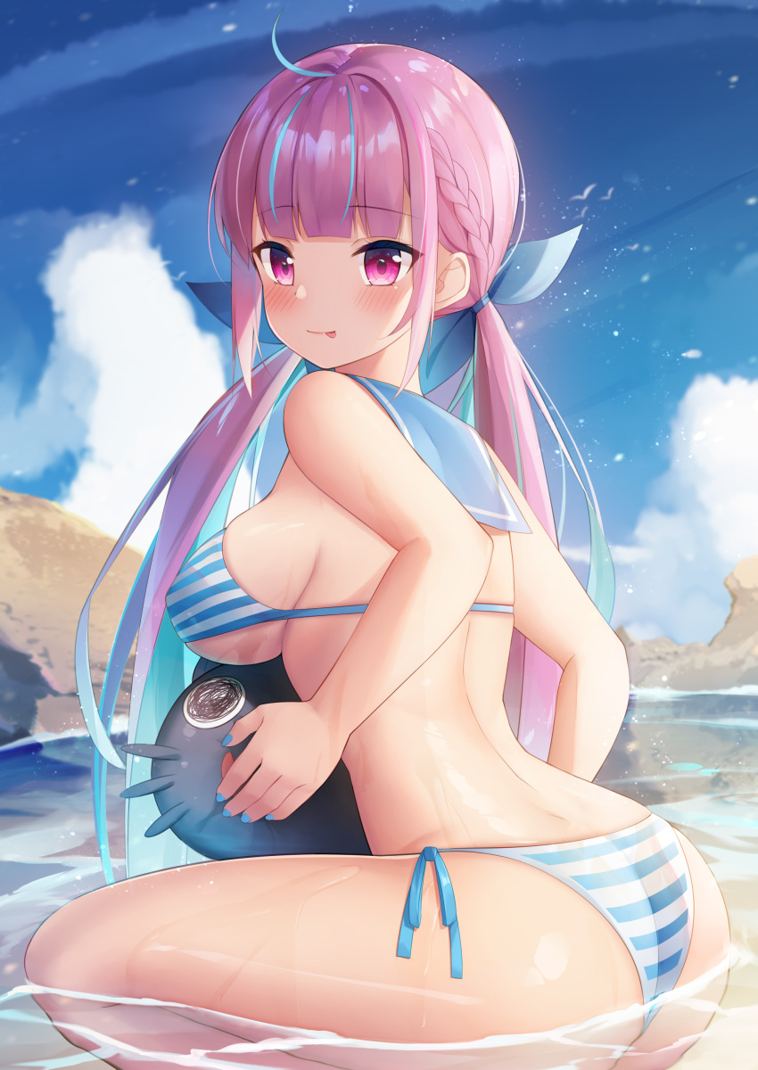1girl :p absurdres ahoge ass back bangs beach bikini blue_hair blue_sailor_collar blue_sky blunt_bangs braid breasts clouds colored_inner_hair covered_nipples day eyebrows_visible_through_hair hair_ribbon highres hololive inflatable_toy large_breasts looking_at_viewer milk_box_(leoleo963852741) minato_aqua multicolored_hair nail_polish outdoors partially_submerged purple_hair ribbon sailor_collar side-tie_bikini sideboob sitting sky smile solo streaked_hair striped striped_bikini swimsuit thighs tongue tongue_out twintails two-tone_hair violet_eyes virtual_youtuber wariza wet