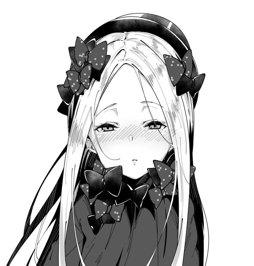 1girl abigail_williams_(fate) bangs blush bow breasts dress fate/grand_order fate_(series) forehead greyscale hair_bow hat highres long_hair long_sleeves looking_at_viewer monochrome multiple_bows parted_bangs polka_dot polka_dot_bow ribbed_dress small_breasts solo uno_ryoku