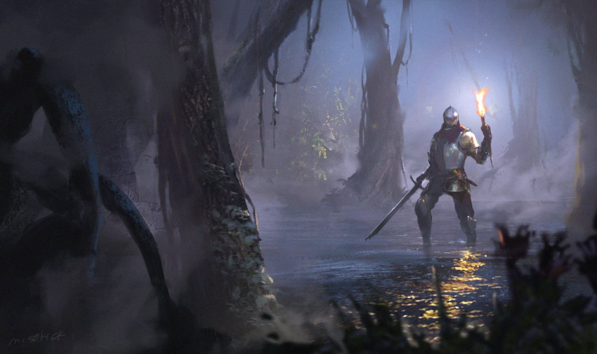 1boy armor blurry blurry_foreground breastplate brown_pants character_request copyright_request depth_of_field full_armor grass holding holding_sword holding_torch holding_weapon male_focus miso_katsu pants red_scarf scarf solo souls_(series) standing sword torch tree walking weapon wetland