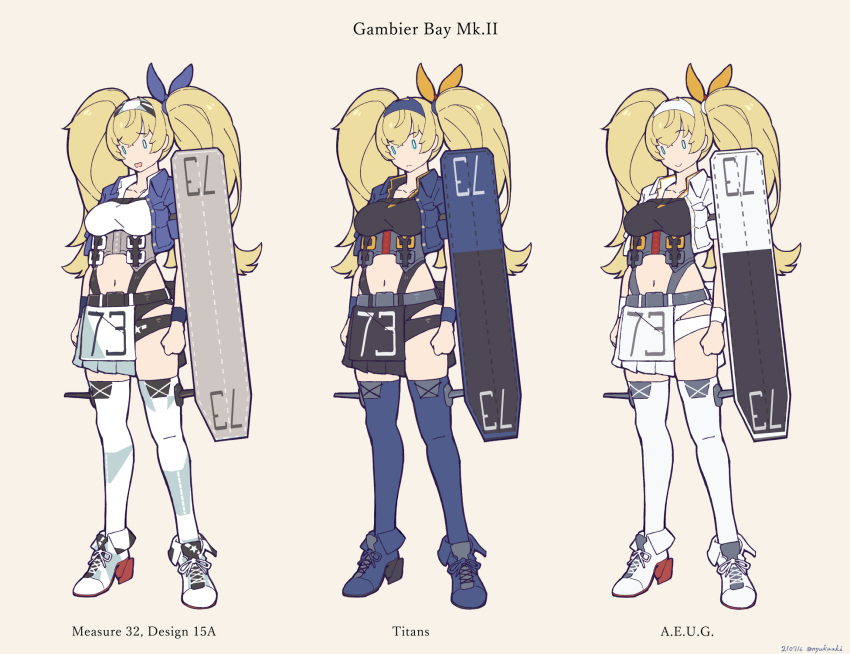 0_0 1girl alternate_color armband belt black_shirt black_skirt blonde_hair blue_legwear breast_pocket breasts character_sheet collared_shirt flight_deck full_body gambier_bay_(kancolle) gundam hair_ribbon hairband highres jacket kantai_collection large_breasts multicolored multicolored_clothes nakaaki_masashi open_clothes open_jacket parody pocket ribbon shirt skirt thigh-highs twintails two-tone_skirt variations white_legwear white_shirt yellow_background zeta_gundam