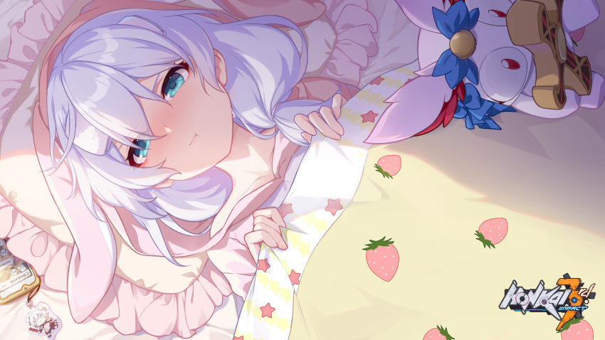 1girl :t absurdres artist_request bangs bed bed_sheet blue_eyes cellphone closed_mouth doll from_above hair_between_eyes highres homei_(honkai_impact) honkai_(series) honkai_impact_3rd looking_at_viewer official_art pajamas phone pillow pout shadow sick side_ponytail solo theresa_apocalypse towel towel_on_head white_hair