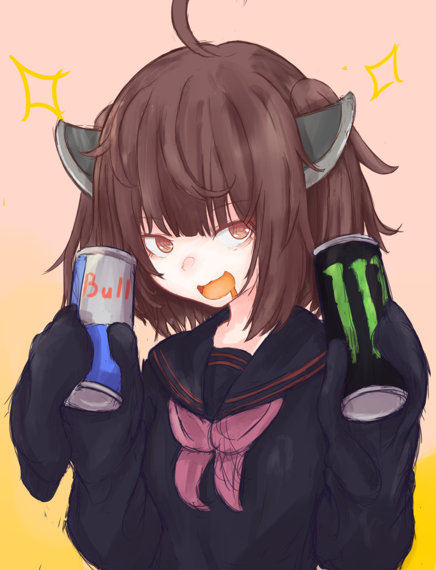 1girl ahoge bangs black_neckwear black_shirt brown_hair can commentary_request highres holding holding_can looking_at_viewer medium_hair monster_energy neckerchief piennamekuzi red_bull red_ribbon ribbon shirt sleeves_past_fingers sleeves_past_wrists smile soda_can solo sparkle touhoku_kiritan uniform voiceroid